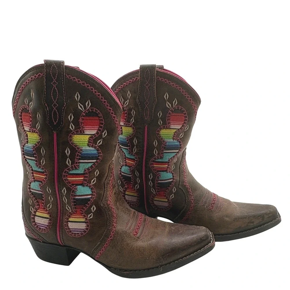 Ariat Desert Diva Kids Cowboy Boots Girl Sz 2 Brown Cactus Inset Pink Stitching - Picture 1 of 9